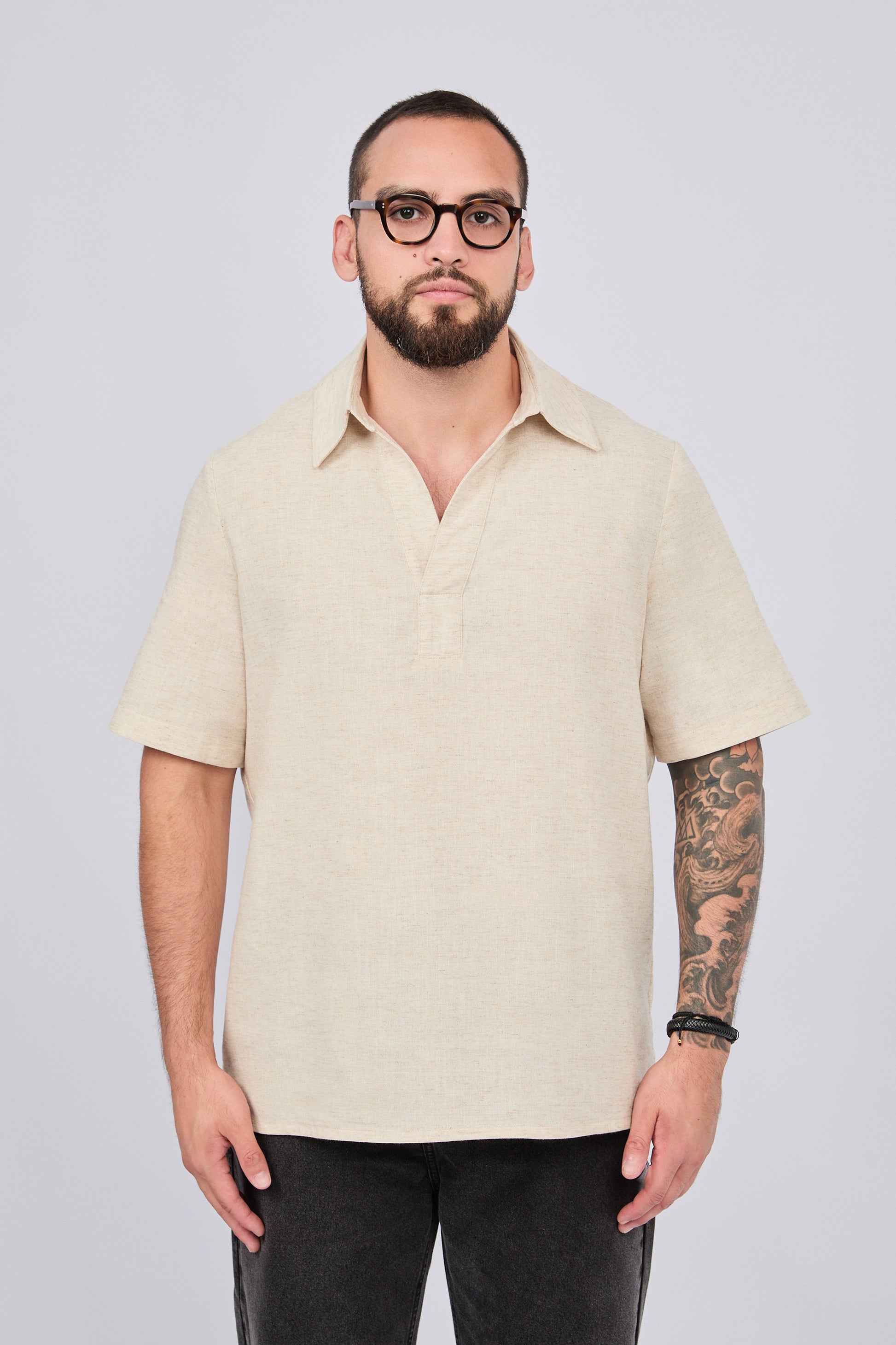CAMISA MANGA CORTA CUELLO ABIERTO DE LINO CRUDO - RETI