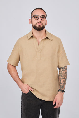 CAMISA MANGA CORTA CUELLO ABIERTO DE LINO CAQUI - RETI