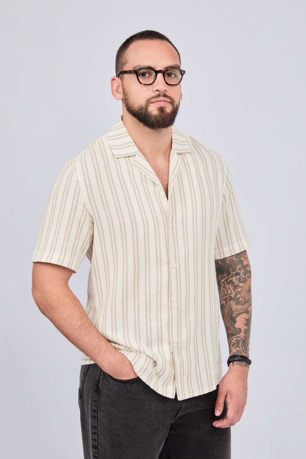 CAMISA DE MANGA CORTA A RAYAS PARA HOMBRE MARRON - BASTION