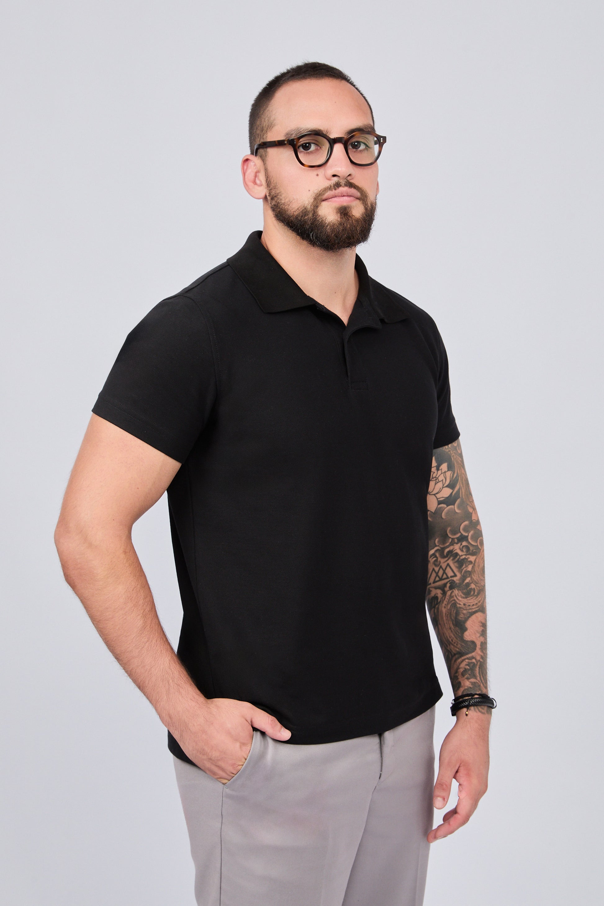 POLO CAMISERO DE PIQUÉ DE ALGODÓN PIMA NEGRO