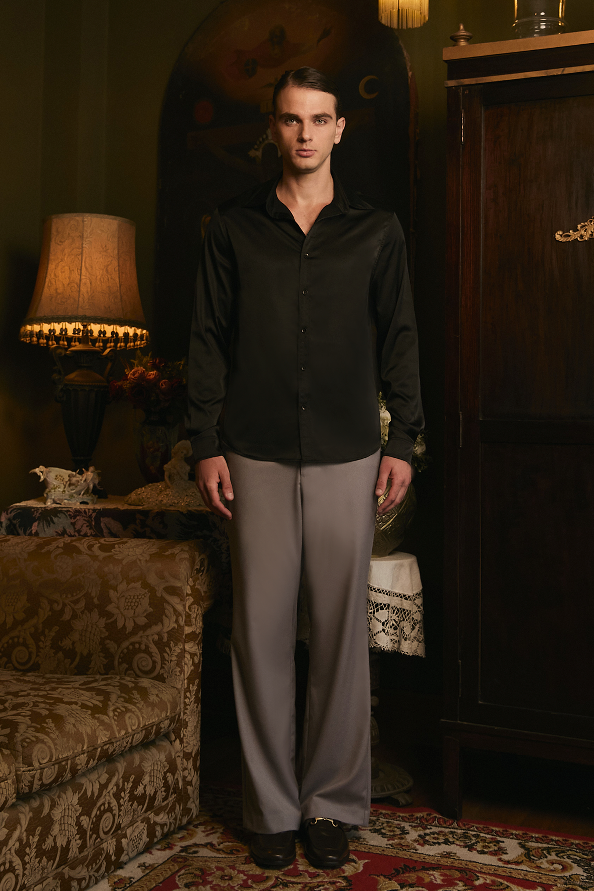 CAMISA DE SEDA PARA HOMBRE MANGA LARGA NEGRO