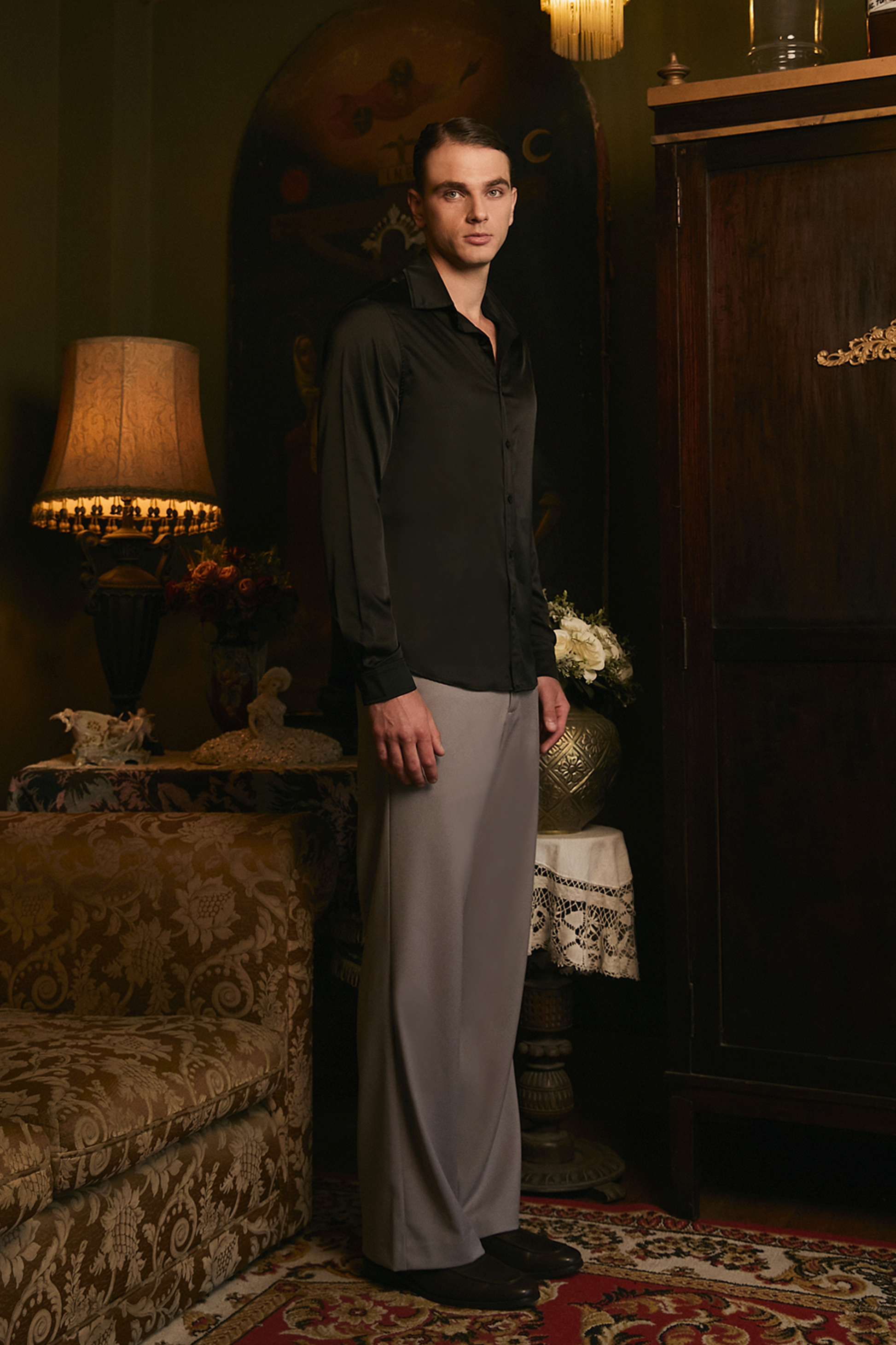 CAMISA DE SEDA PARA HOMBRE MANGA LARGA NEGRO