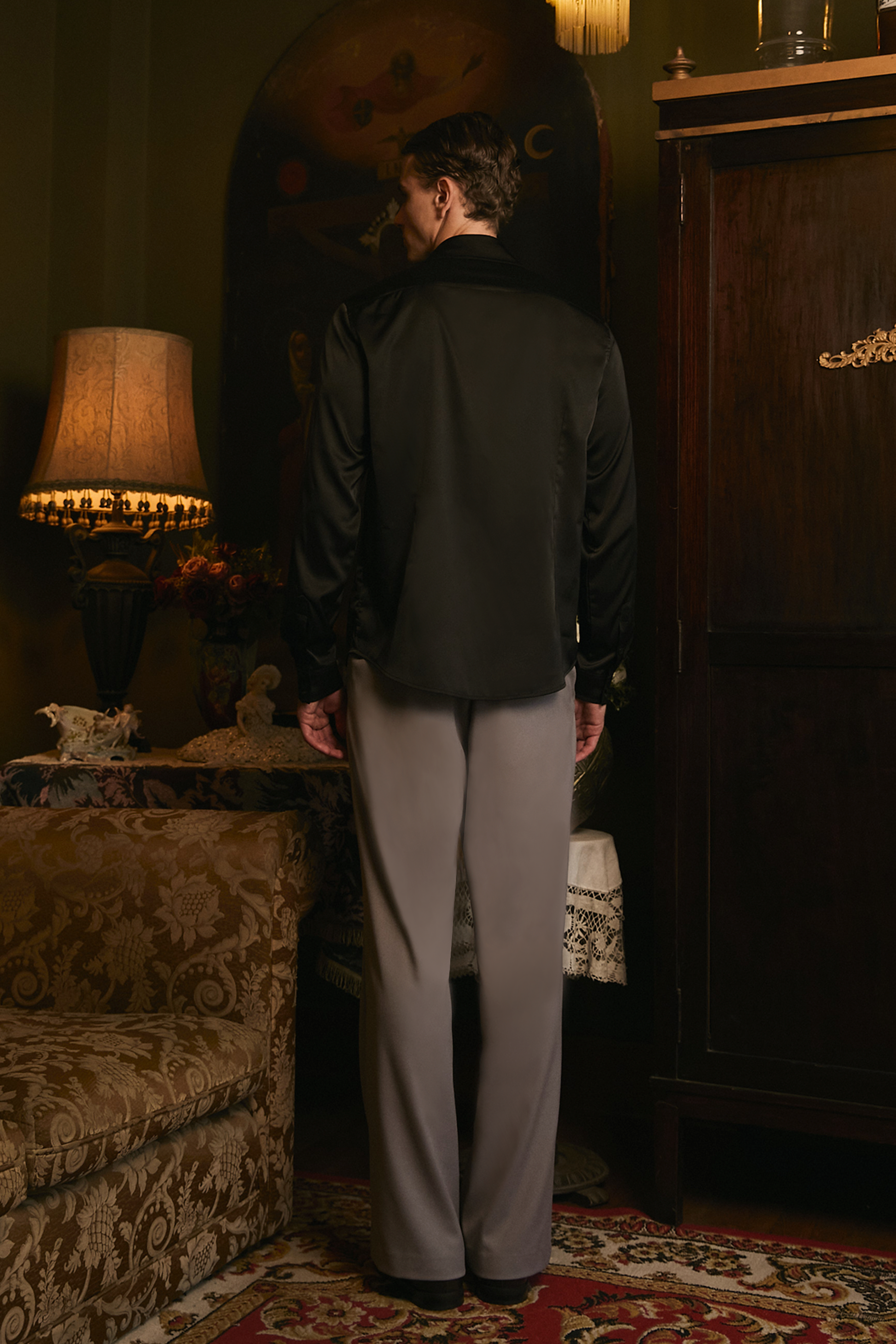 CAMISA DE SEDA PARA HOMBRE MANGA LARGA NEGRO