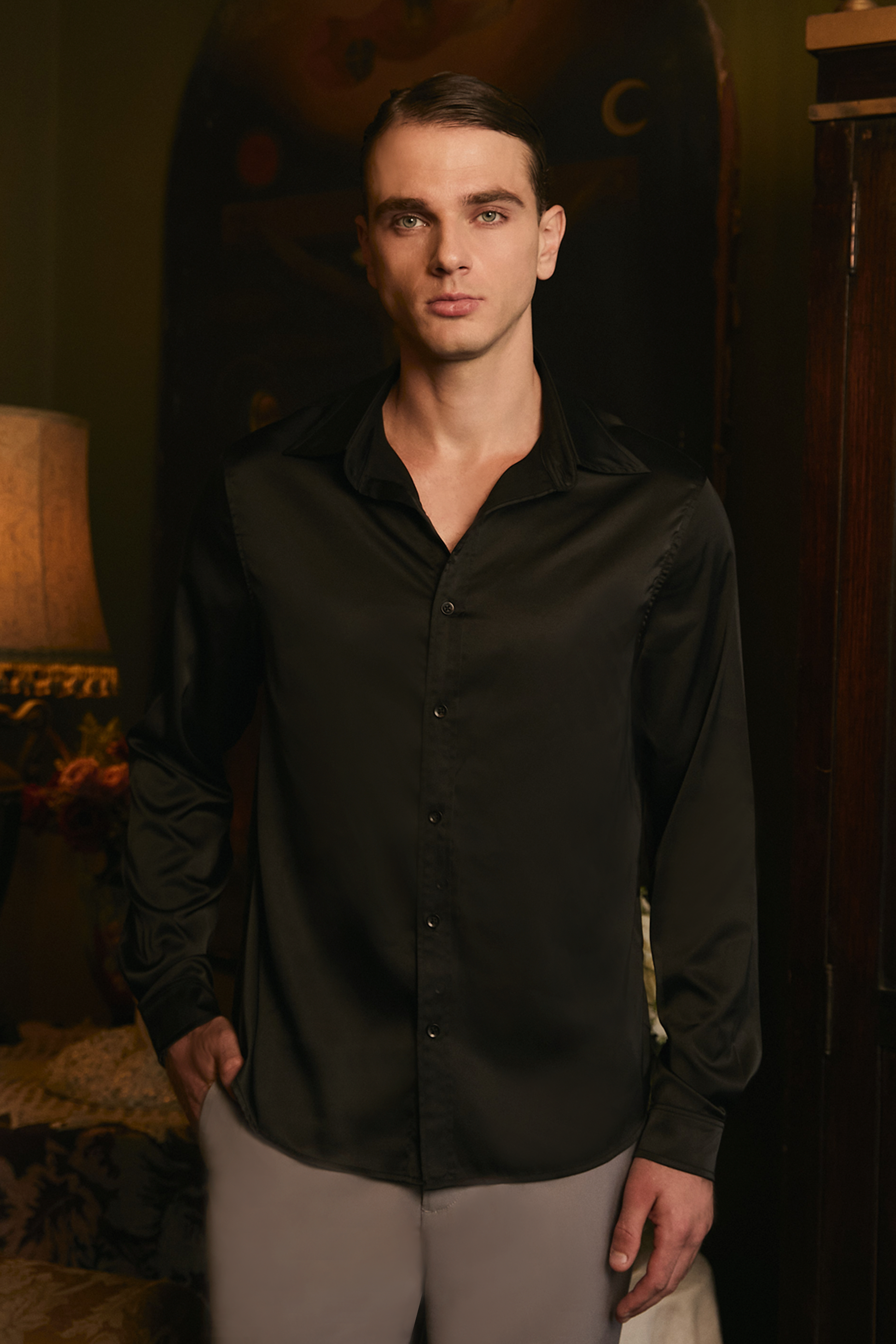 CAMISA DE SEDA PARA HOMBRE MANGA LARGA NEGRO