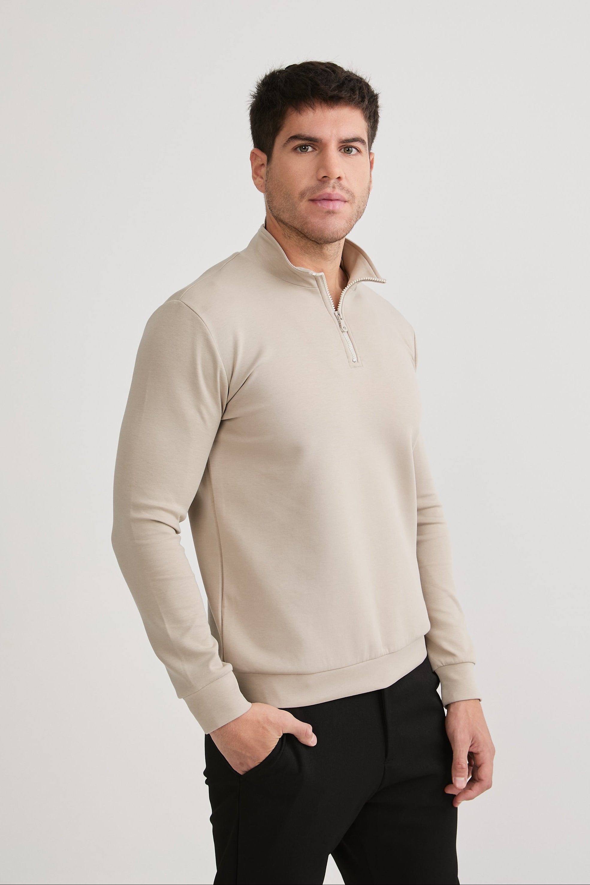 POLERA 1/4 ZIP DE ALGODÓN PARA HOMBRE - BEIGE