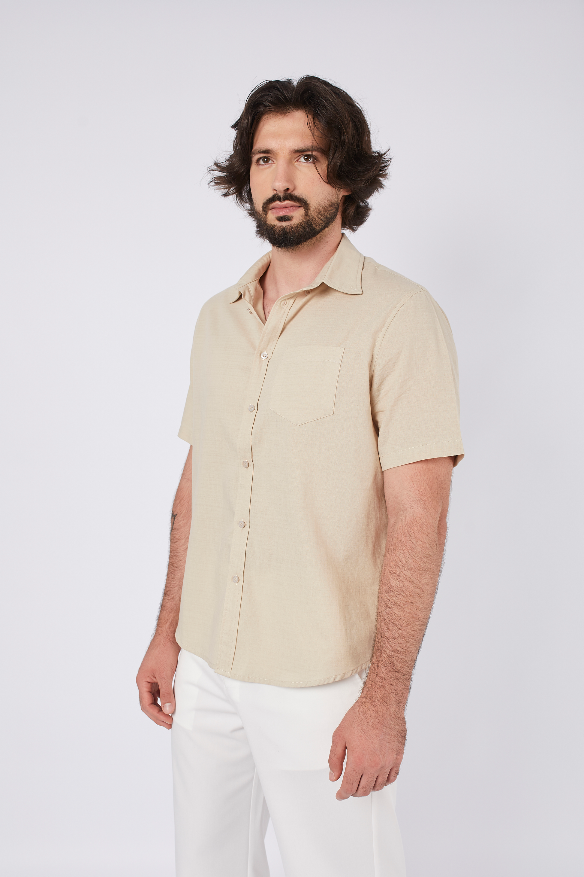 CAMISA DE LINO PARA HOMBRE MANGA CORTA LAIS BEIGE
