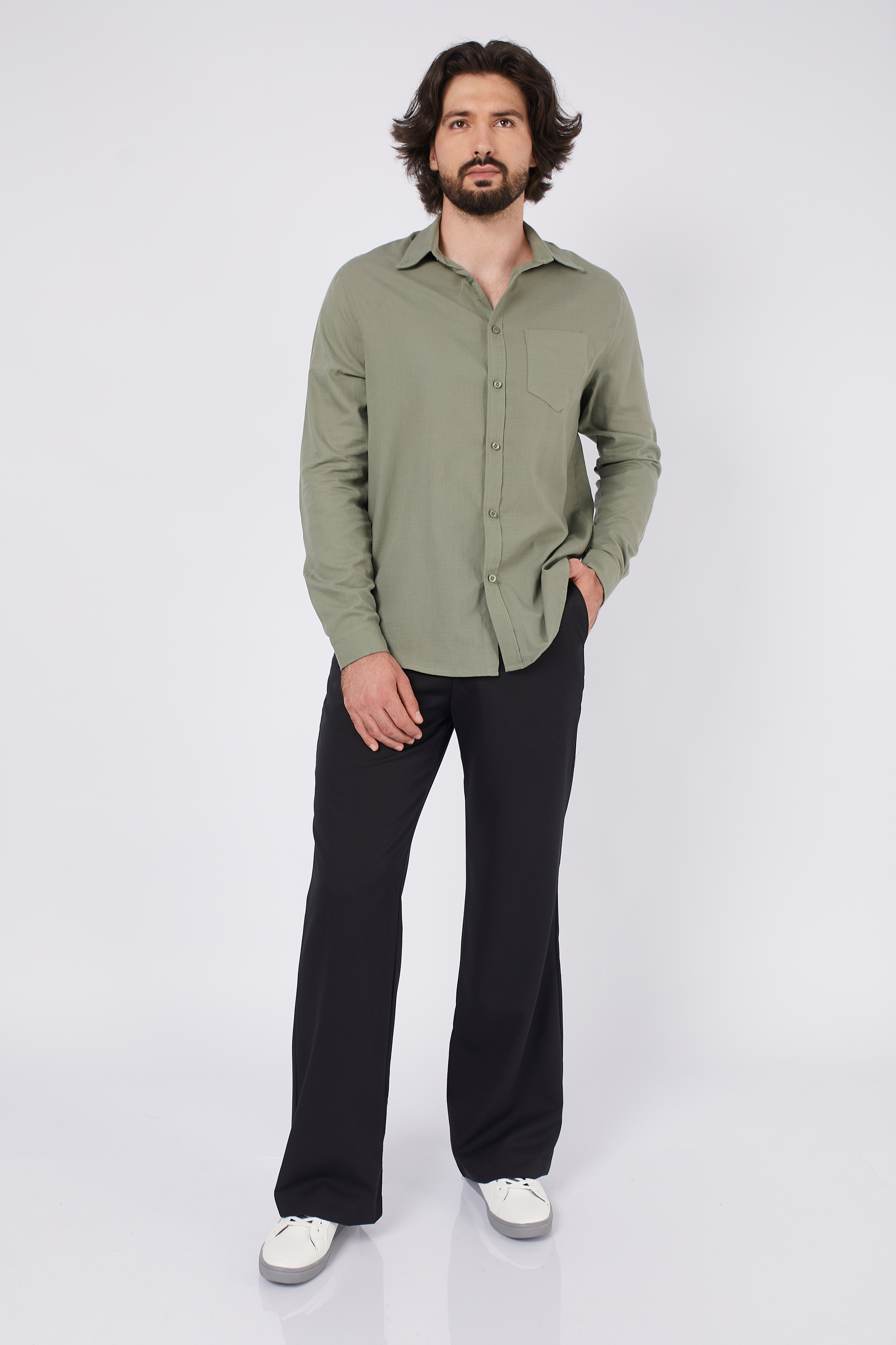 CAMISA DE LINO PARA HOMBRE MANGA LARGA LAIS OLIVO