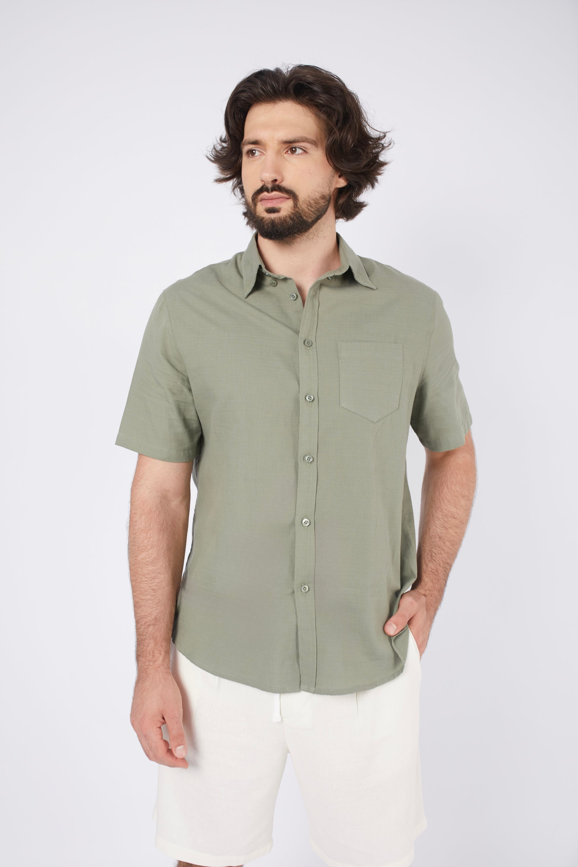 CAMISA DE LINO PARA HOMBRE MANGA CORTA LAIS OLIVO