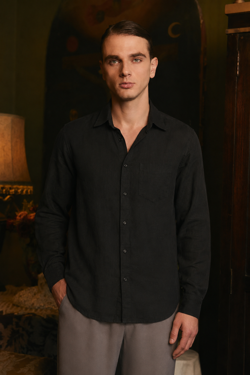 CAMISA DE LINO PARA HOMBRE MANGA LARGA LAIS NEGRO