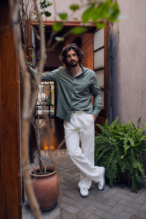 CAMISA DE LINO PARA HOMBRE MANGA LARGA LAIS OLIVO